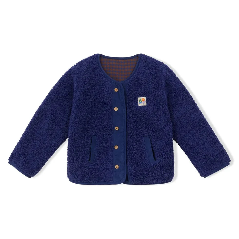 Arsène et Les Pipelettes - Organik Pamuktan Üretilmiş Ters Yüz Edilebilir Sherpa Tarzı Ekose Ceket | Lacivert