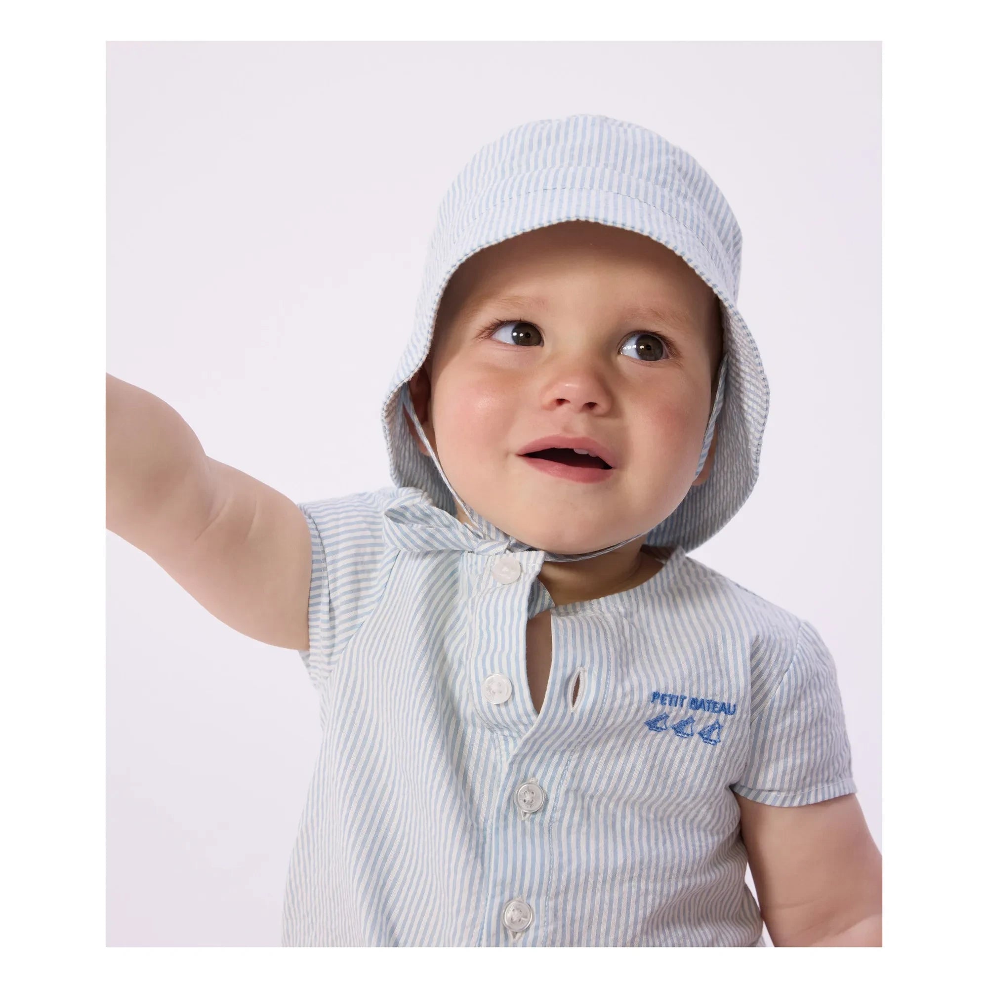 Petit Bateau - Striped Seersucker Organic Cotton Overalls | Light Blue