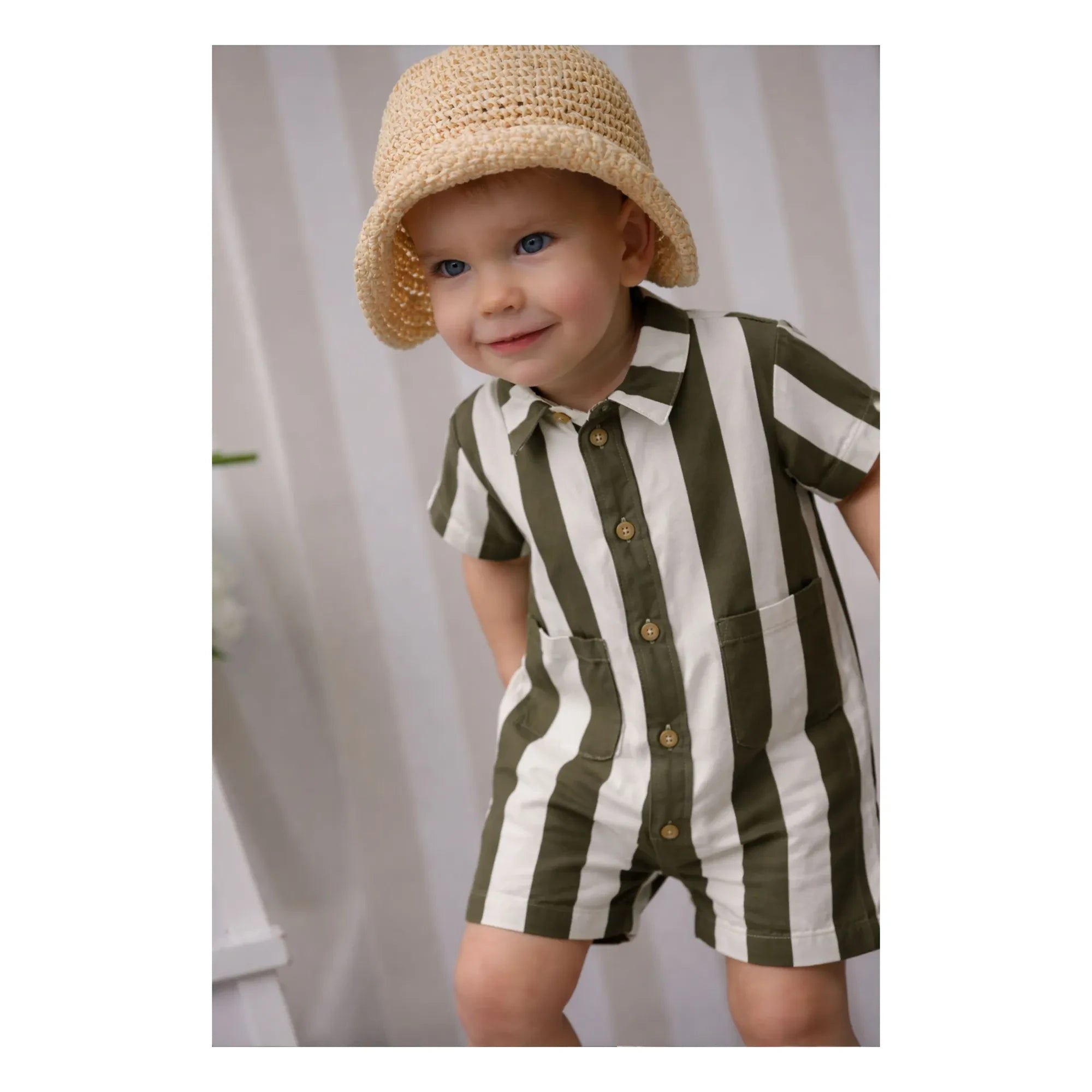Lililotte - Charly Striped Gabardine Organic Cotton Romper | Olive