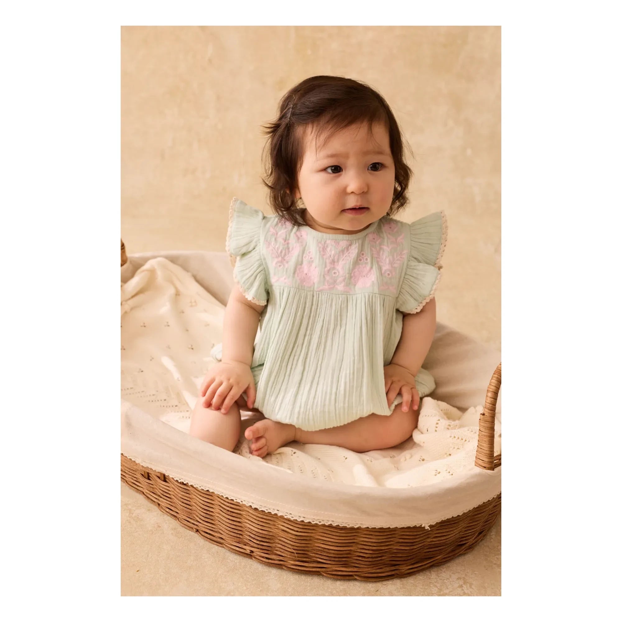 Louise Misha - Nusha Organic Cotton Ruffled Romper | Almond Green