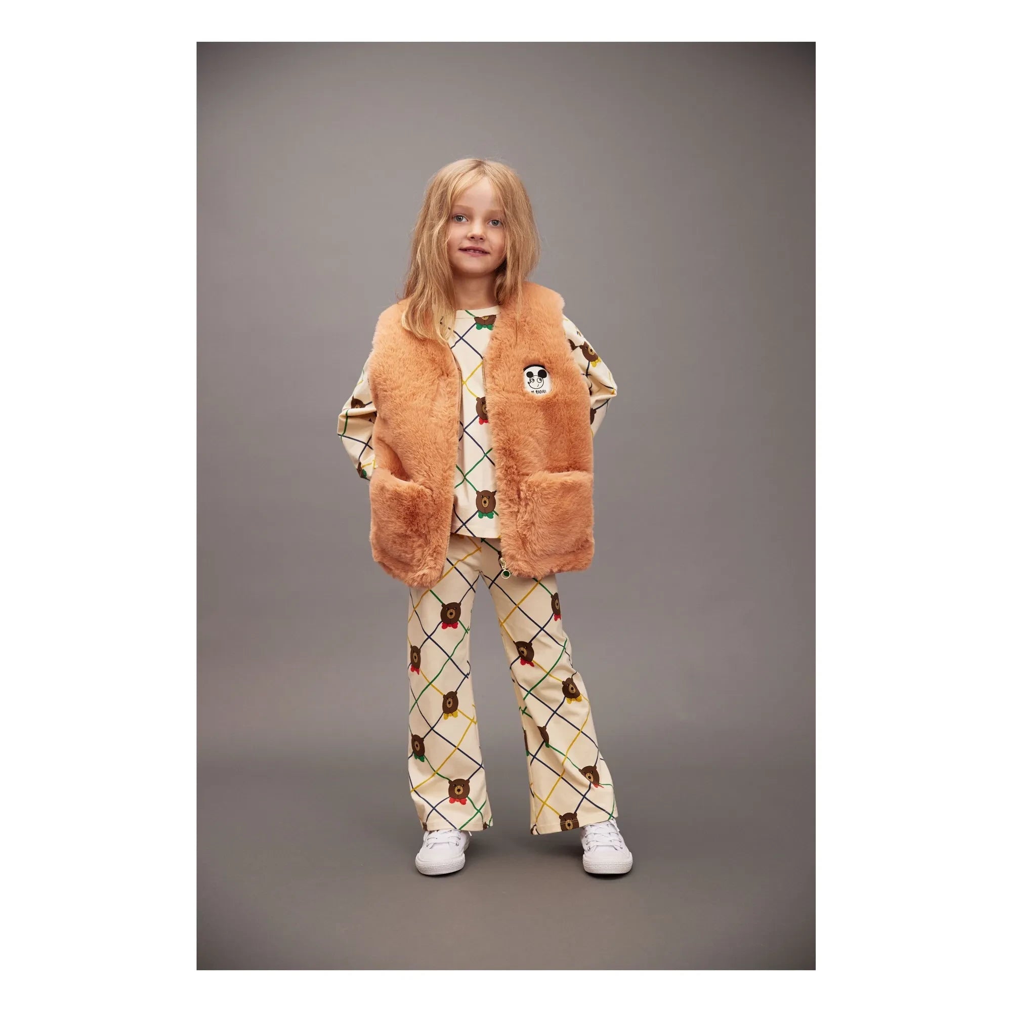 Mini Rodini - Organic Cotton Check Bear Pants | Ecru