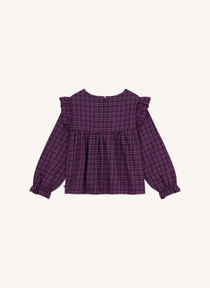 Petit Bateau - Organik pamuklu volanlı ekose bluz | Lacivert
