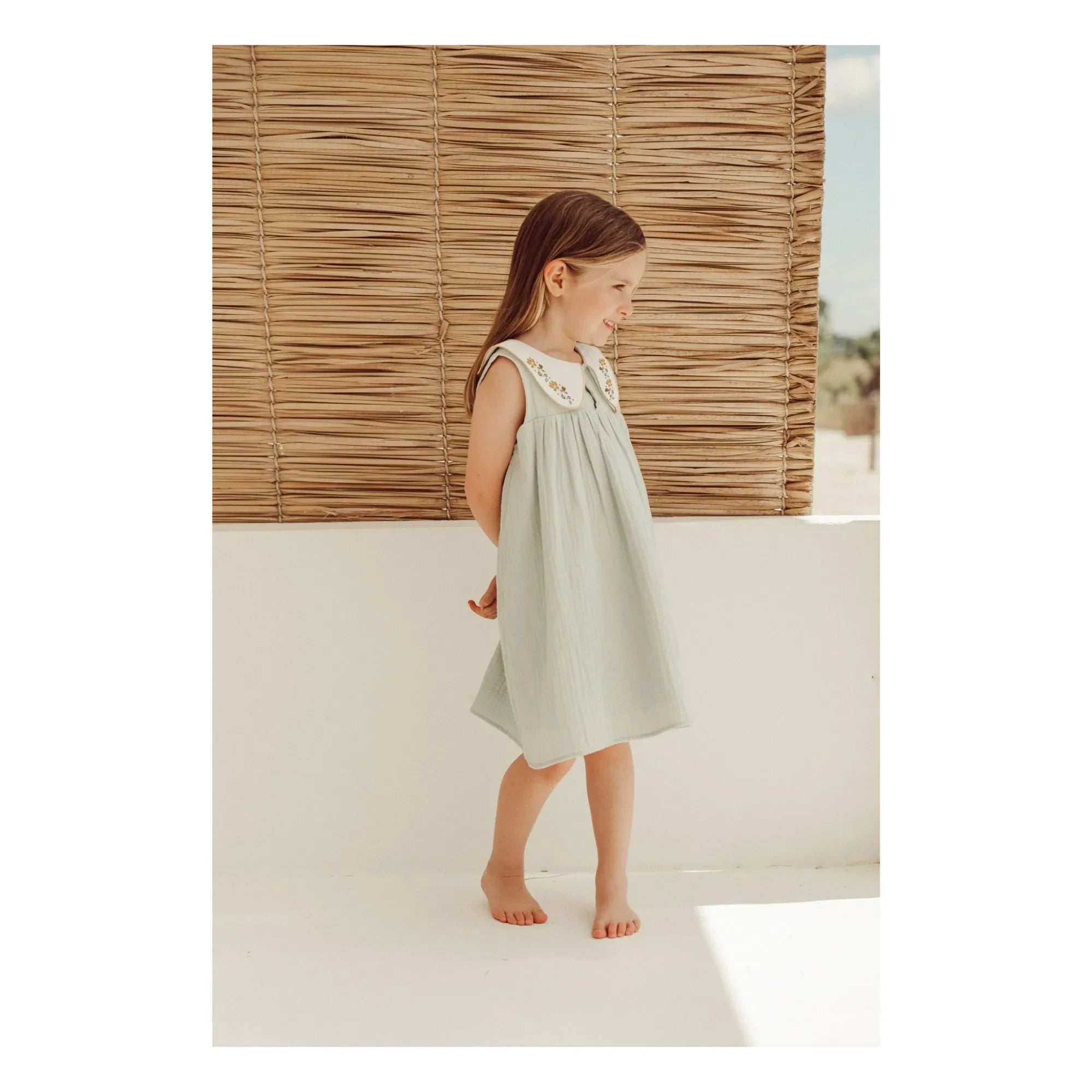THE LiTTLE POETS - Josefa Organic Cotton Embroidered Peter Pan Neck Dress | Almond green