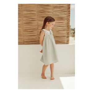 THE LiTTLE POETS - Josefa Organic Cotton Embroidered Peter Pan Neck Dress | Almond green