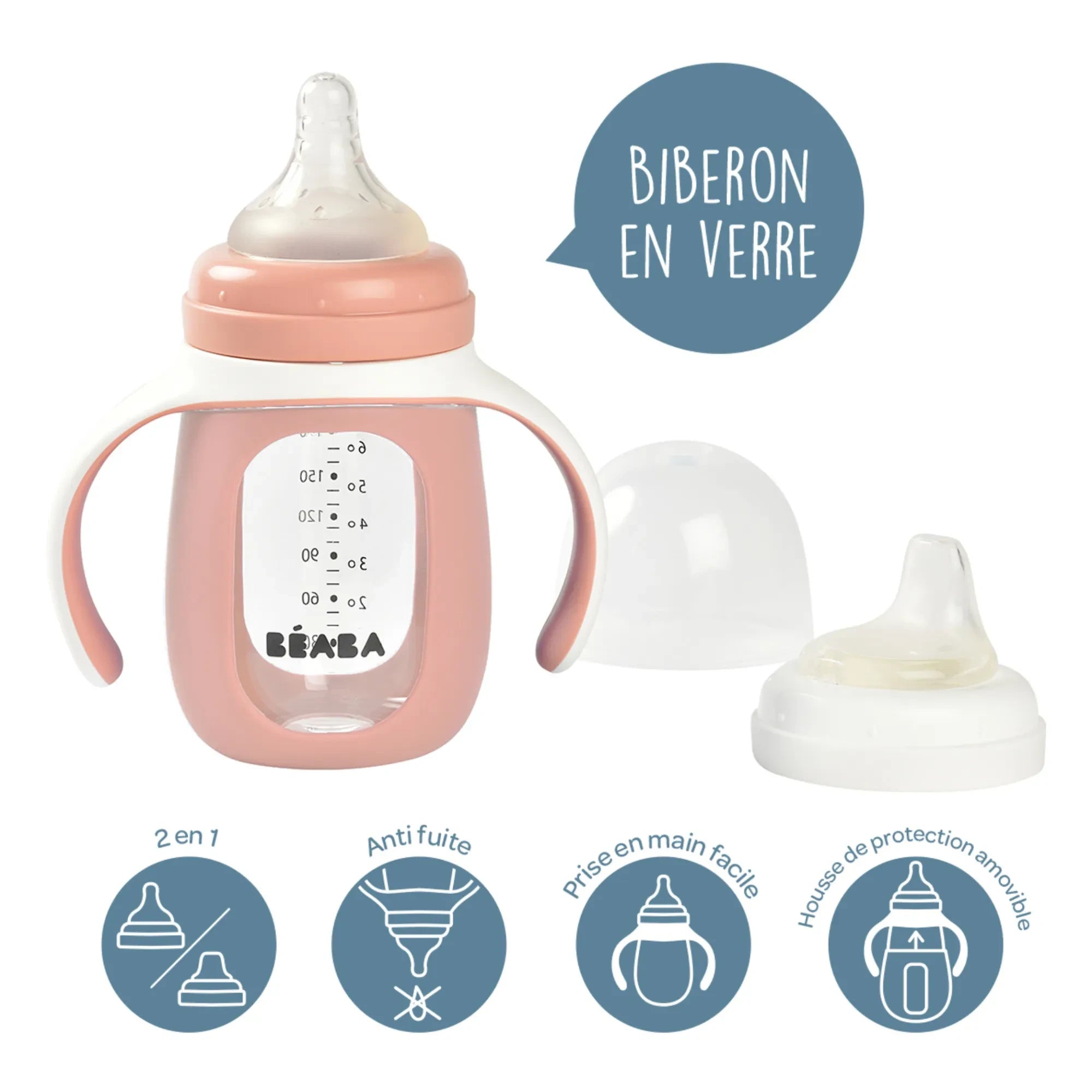 Béaba - Glass Training Baby Bottle | Dusty Pink