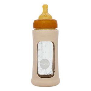 Hevea - Protective Cover with Medium Flow Wide-Mouth Glass Baby Bottle | Sand