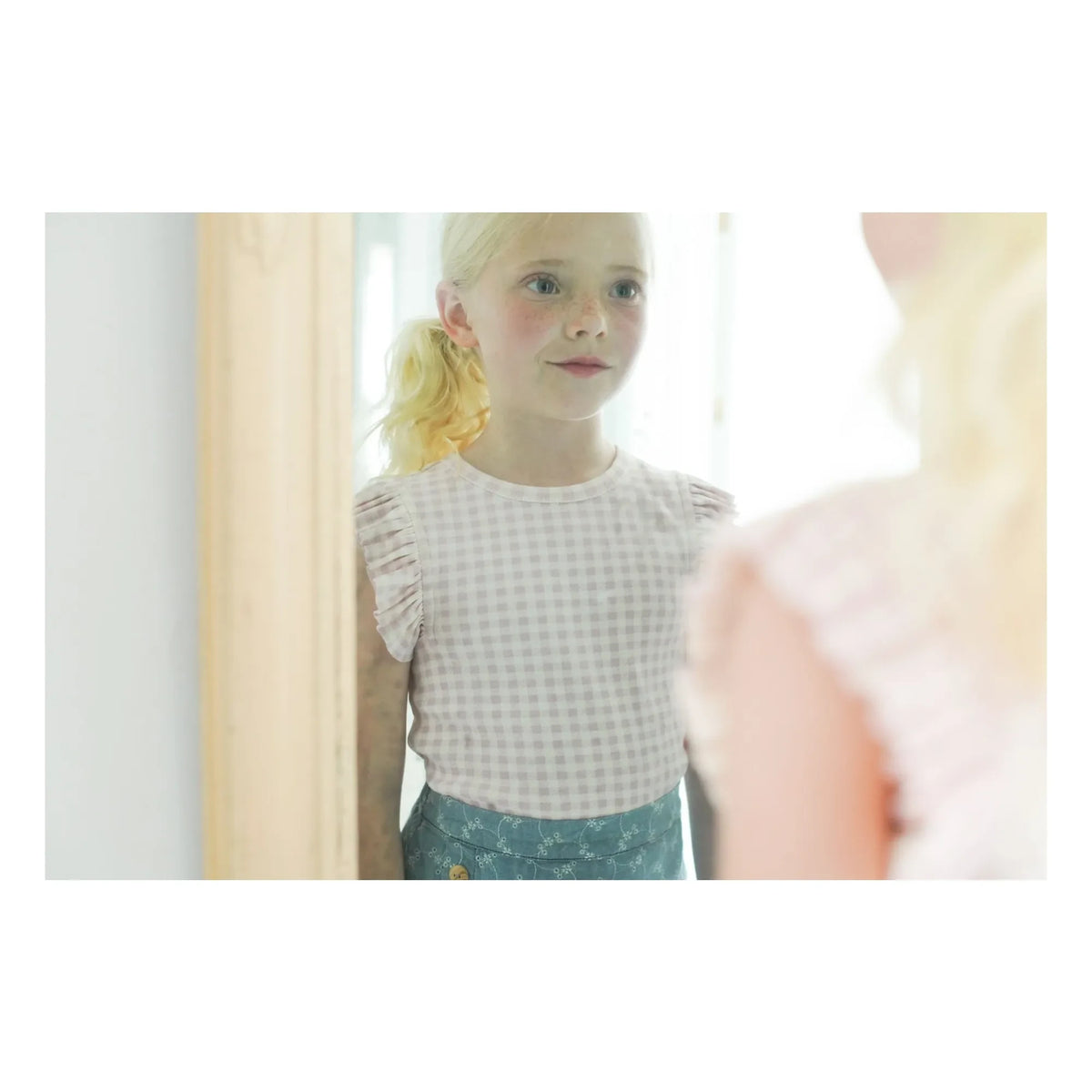 Soor Ploom - Pointelle Ruffled Vichy Organic Cotton T-Shirt | Pink
