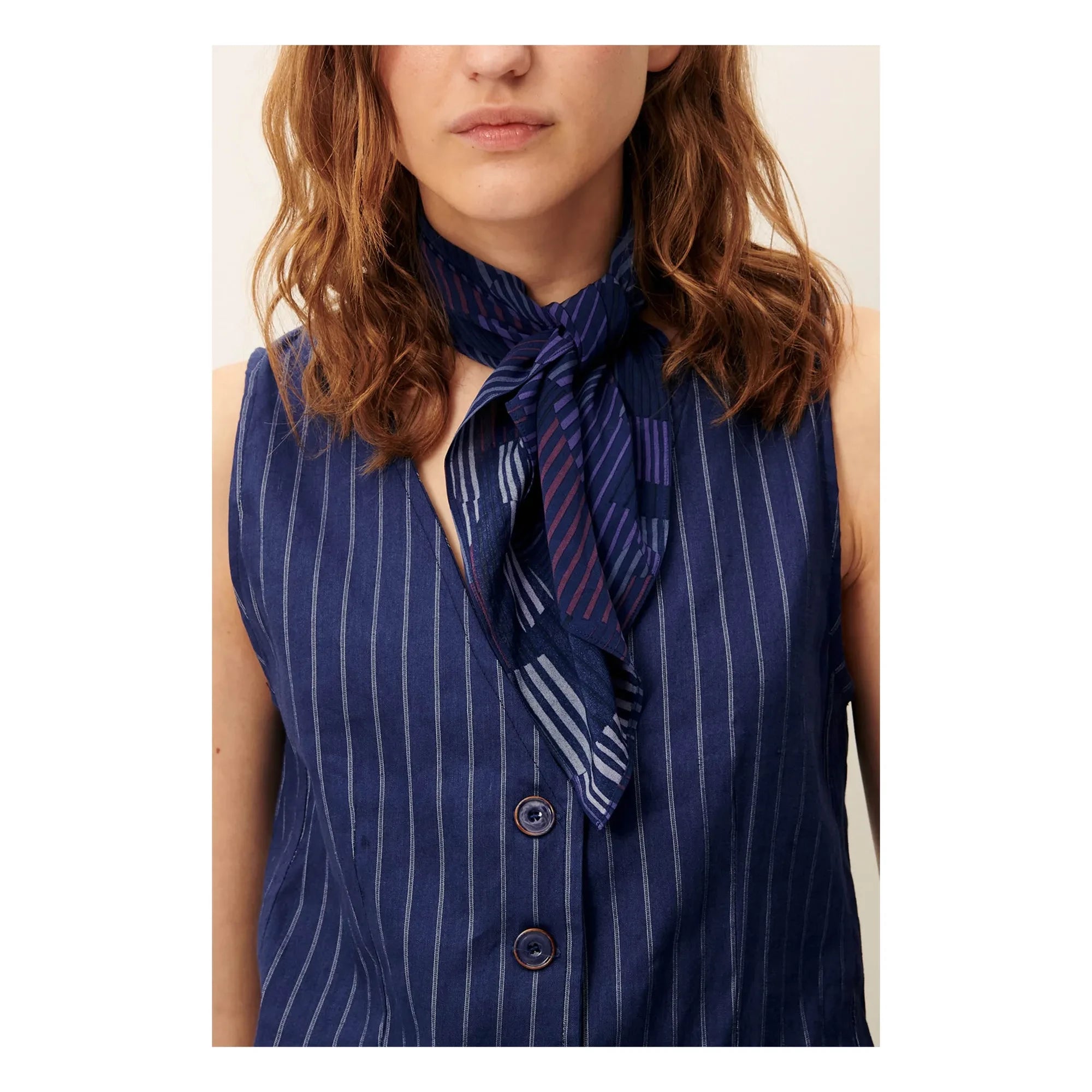 Sessùn - Fernando Linen Striped Sleeveless Blouse | Navy Blue