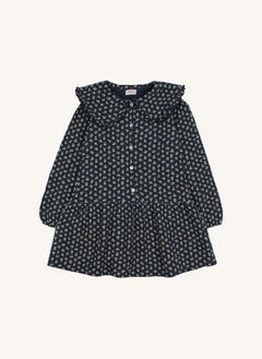 Búho - Organic Cotton Flower Cottage Claudine Neck Dress | Navy Blue