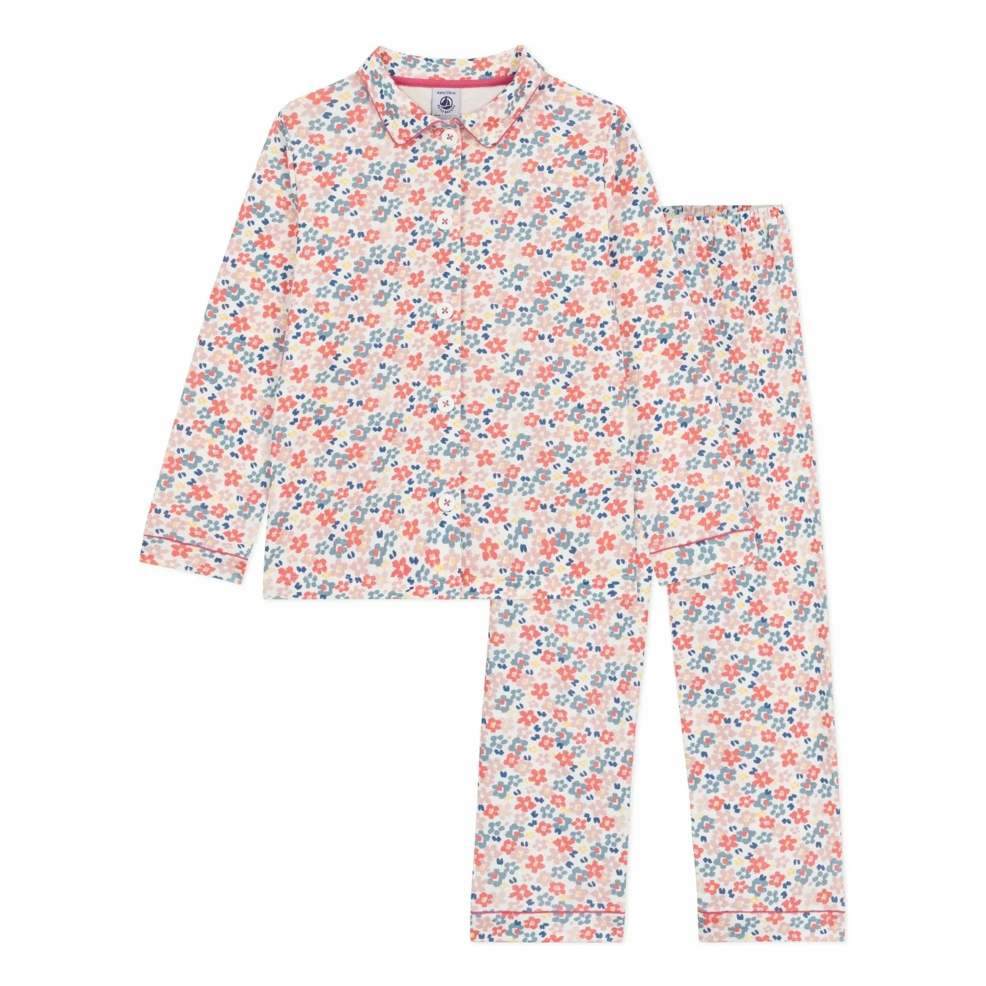 Petit Bateau - Organik Pamuk Çiçek Desenli Pijama Gömleği ve Pantolon | Beyaz