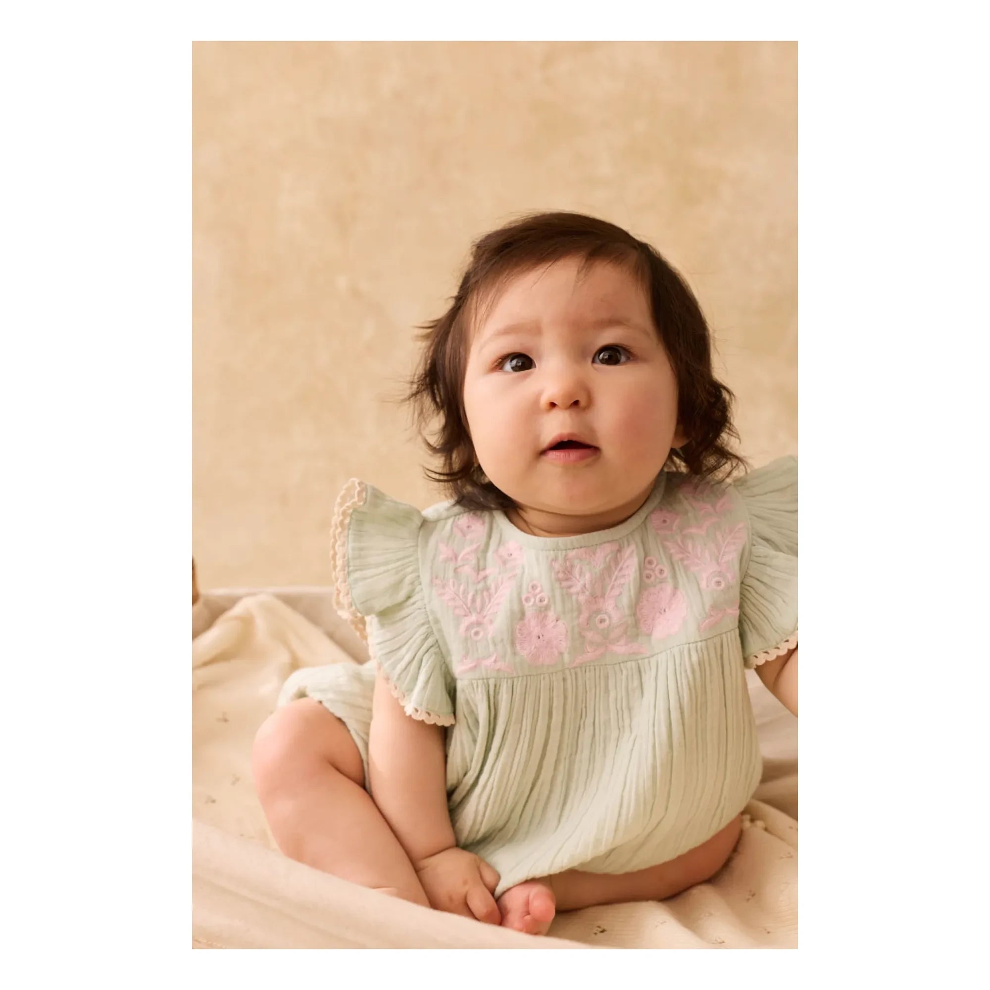 Louise Misha - Nusha Organic Cotton Ruffled Romper | Almond Green