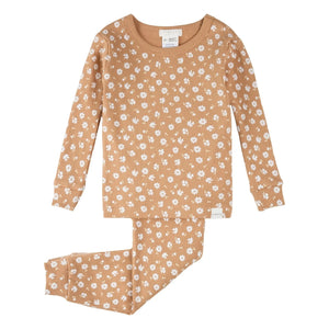 Petit Lem - Organic Cotton Floral Pattern Ribbed Pajamas | Natural