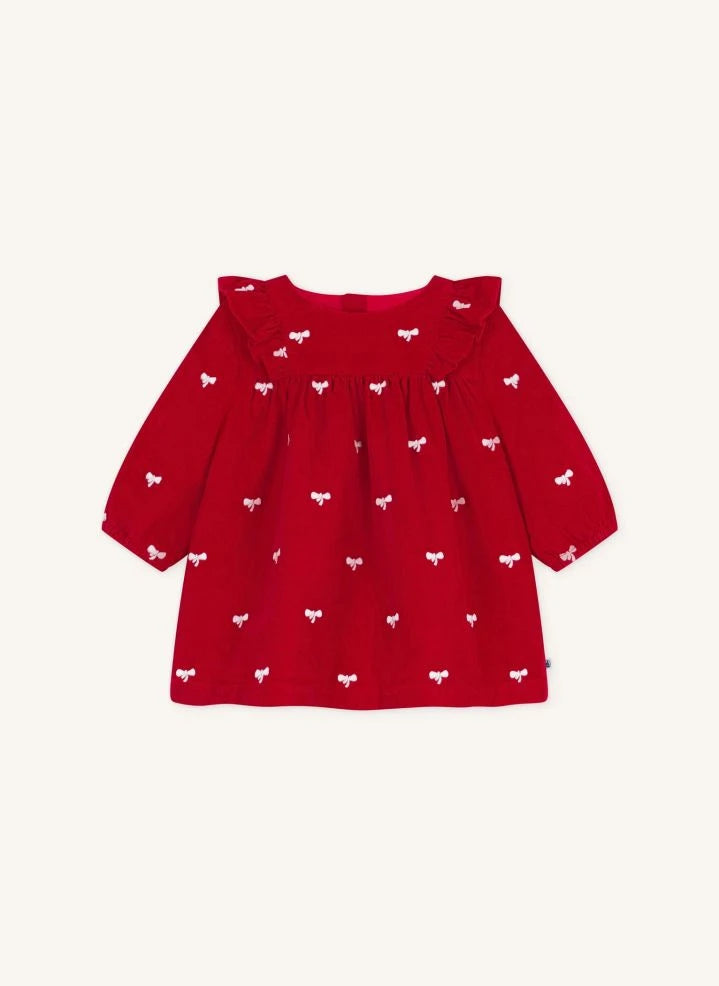 Petit Bateau - Kırmızı Organik Pamuk Korduroy Fiyonklu Elbise