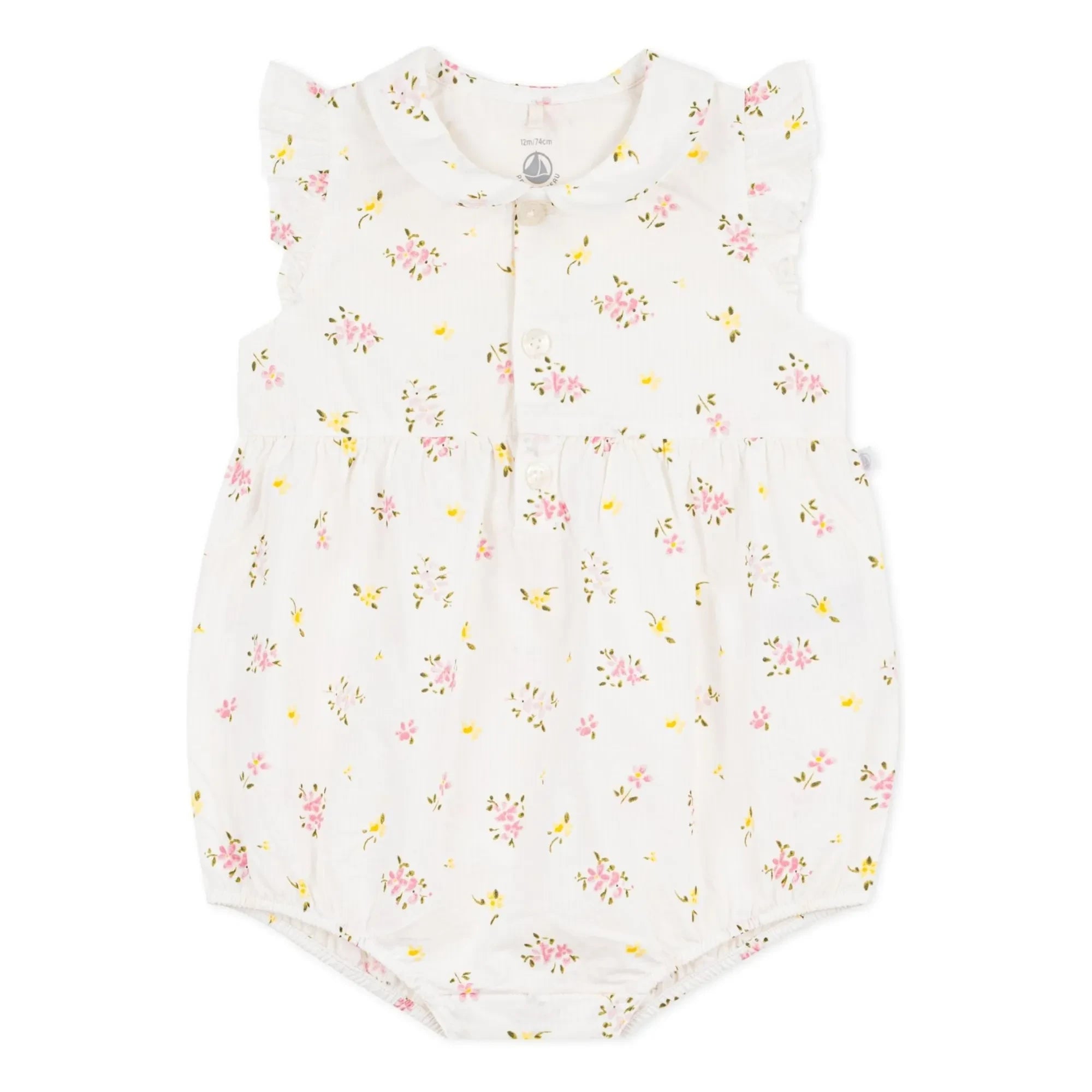 Petit Bateau - Beyaz Seersucker organik pamuk çiçek desenli tulum