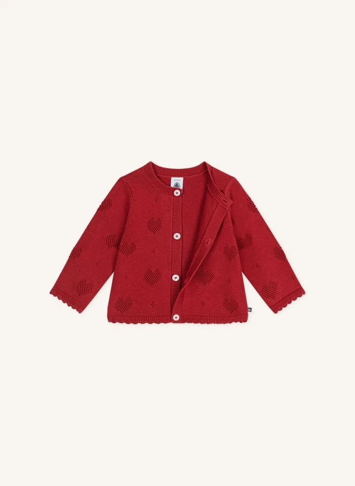 Petit Bateau - Organik pamuk kalp ajurlu hırka | Kırmızı