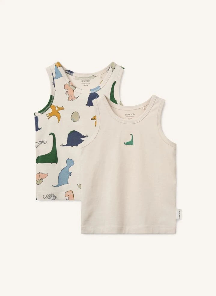 Liewood - 2-Pack Faris Dinosaur Organic Cotton Tank Top | Sand