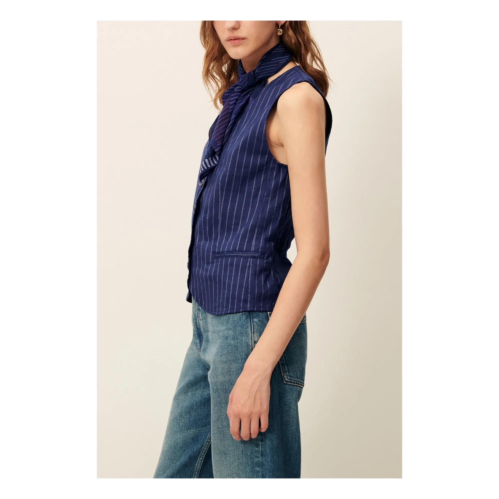 Sessùn - Fernando Linen Striped Sleeveless Blouse | Navy Blue