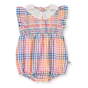 Goldie + Ace - Gathered Checkered Romper | Blue