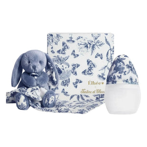 Elhée - Augustin the Rabbit Toile de Jouy Silicone Baby Bottle and Sleep Friend Set - Elhée x Tartine et Chocolat | Navy Blue
