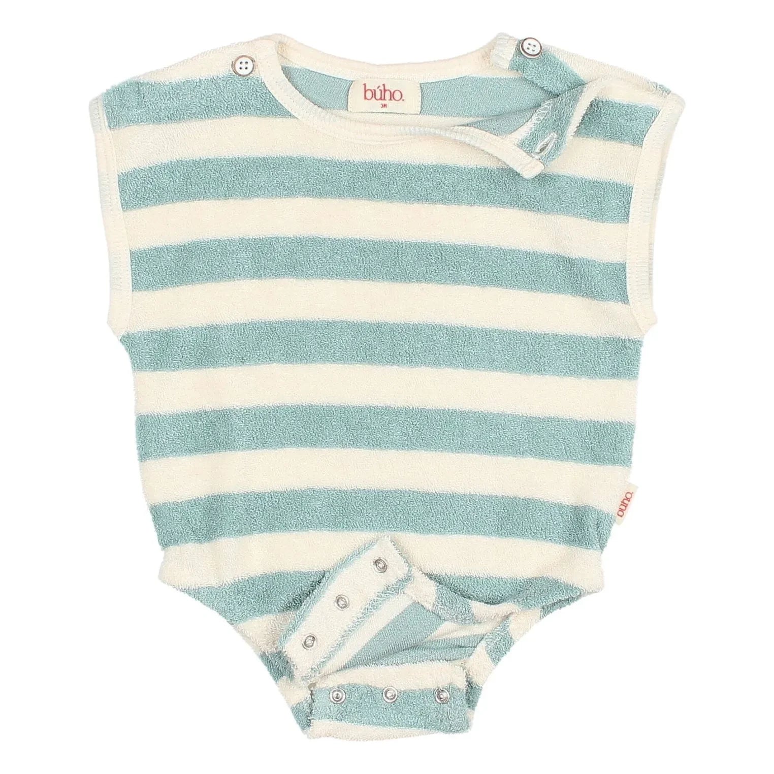 Búho - Striped Organic Cotton Towel Romper | Green Water