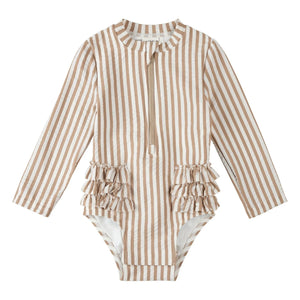 Petit Lem - Striped Long Sleeve Seersucker Swimsuit Recycled Fibers | Beige