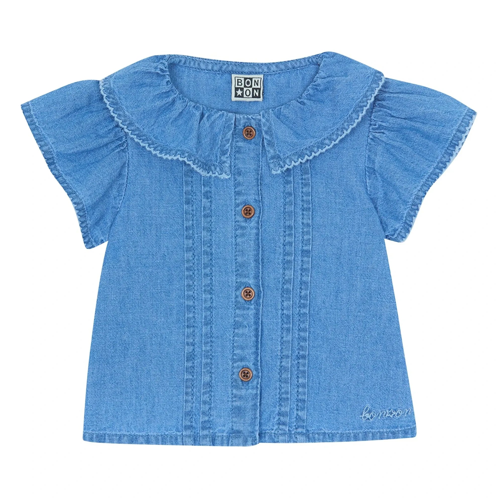 Bonton - Nancy Chambray Baby Balloon Sleeve Shirt | Denim Blue