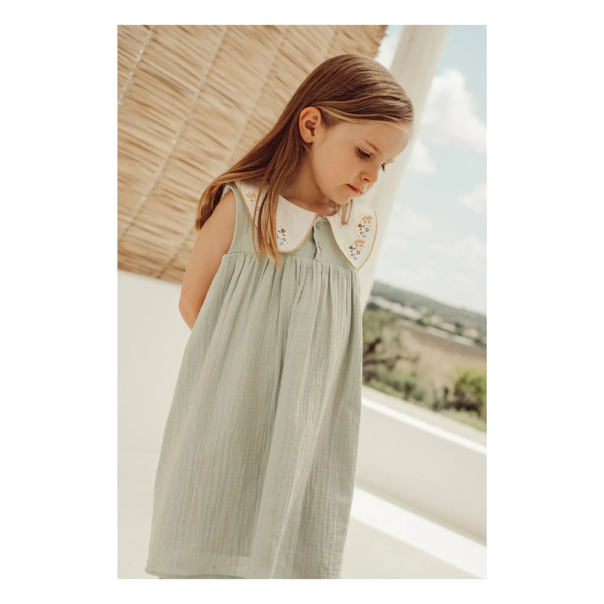 THE LiTTLE POETS - Josefa Organic Cotton Embroidered Peter Pan Neck Dress | Almond green