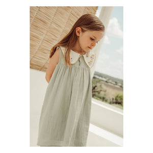 THE LiTTLE POETS - Josefa Organic Cotton Embroidered Peter Pan Neck Dress | Almond green