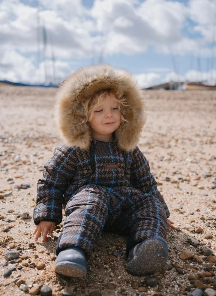 Töastie - Waterproof Faux Fur Hooded Cloud Jacket, Recycled Fiber Plaid Pattern | Blue