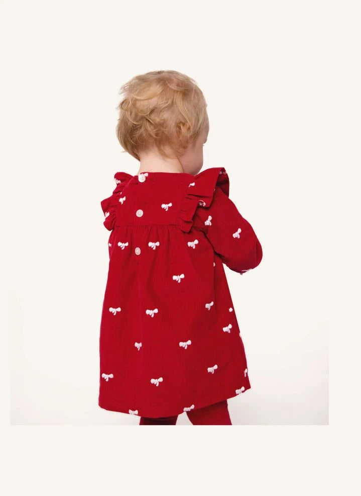 Petit Bateau - Kırmızı Organik Pamuk Korduroy Fiyonklu Elbise