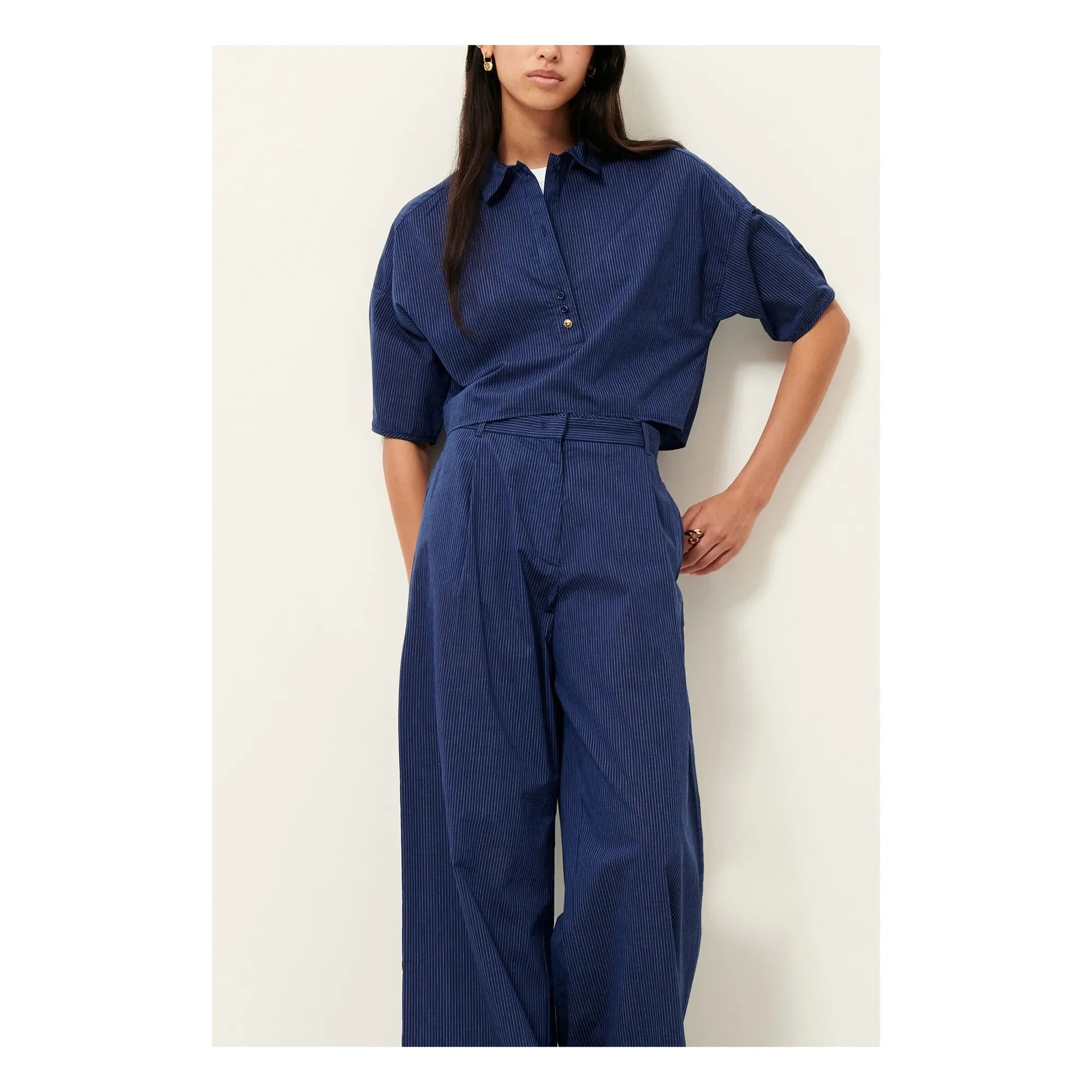 Sessùn - Provencia Cotton Striped Trousers | Navy Blue