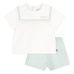Petit Bateau - Navy Collar Top and Linen Shorts Set | Sage