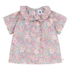 Petit Bateau - Floral Patterned Ruffled Collared Cotton Blouse | Turquoise