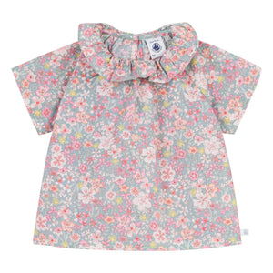 Petit Bateau - Floral Patterned Ruffled Collared Cotton Blouse | Turquoise