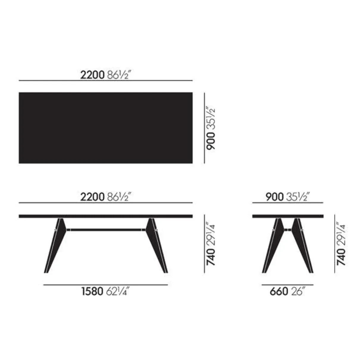 Vitra - EM table, oiled natural oak 220x90 cm - black legs - Jean Prouvé | Oak