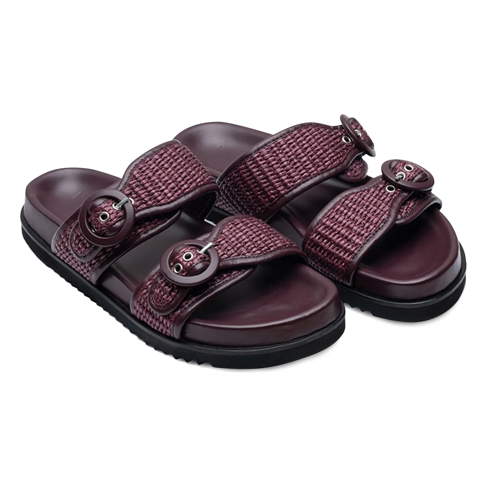 Lachoix - Double Buckle Leather and Raphia Sandals | Lie de Vin