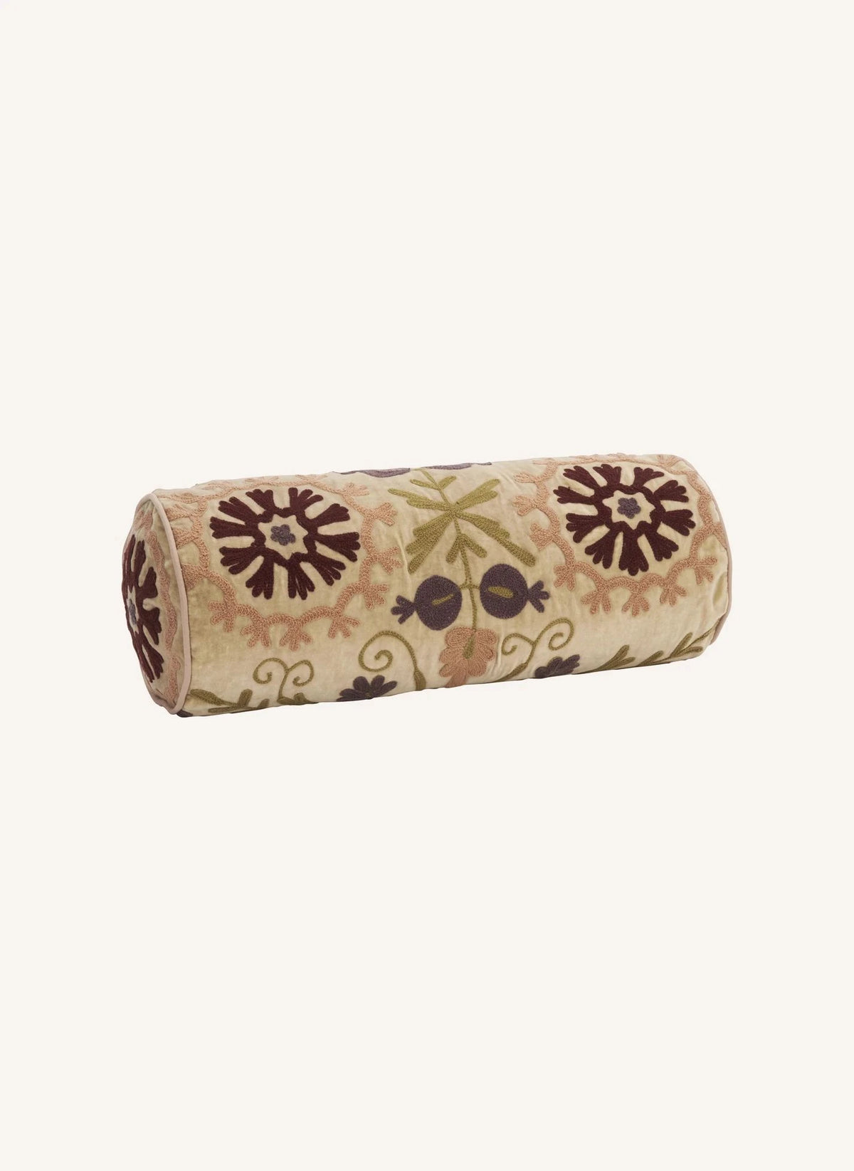 Madam Stoltz - Suzani Embroidered Velvet Cylinder Pillow | Beige