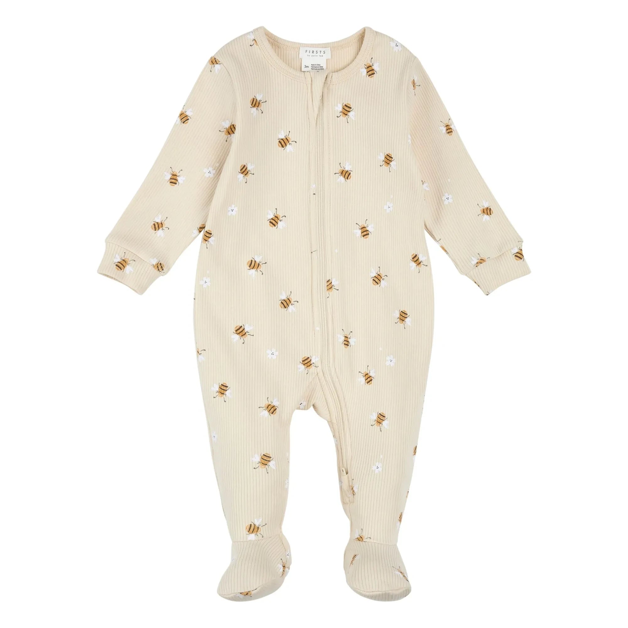 Petit Lem - Ribbed Pajama with Embossed Bee Pattern Organic Cotton | Beige