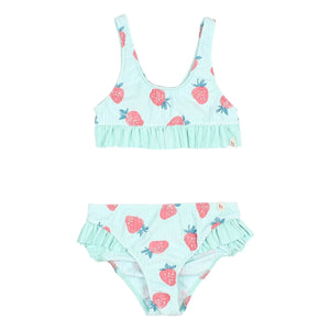 Búho - Strawberry Patterned Ribbed Ruffled Swimsuit | Aqua