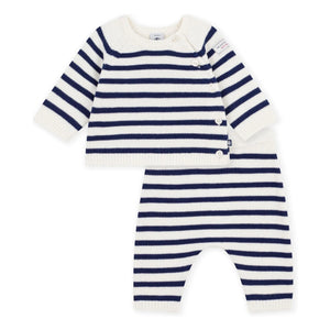 Petit Bateau - Yün Çizgili Hırka ve Pantolon Takımı | Beyaz