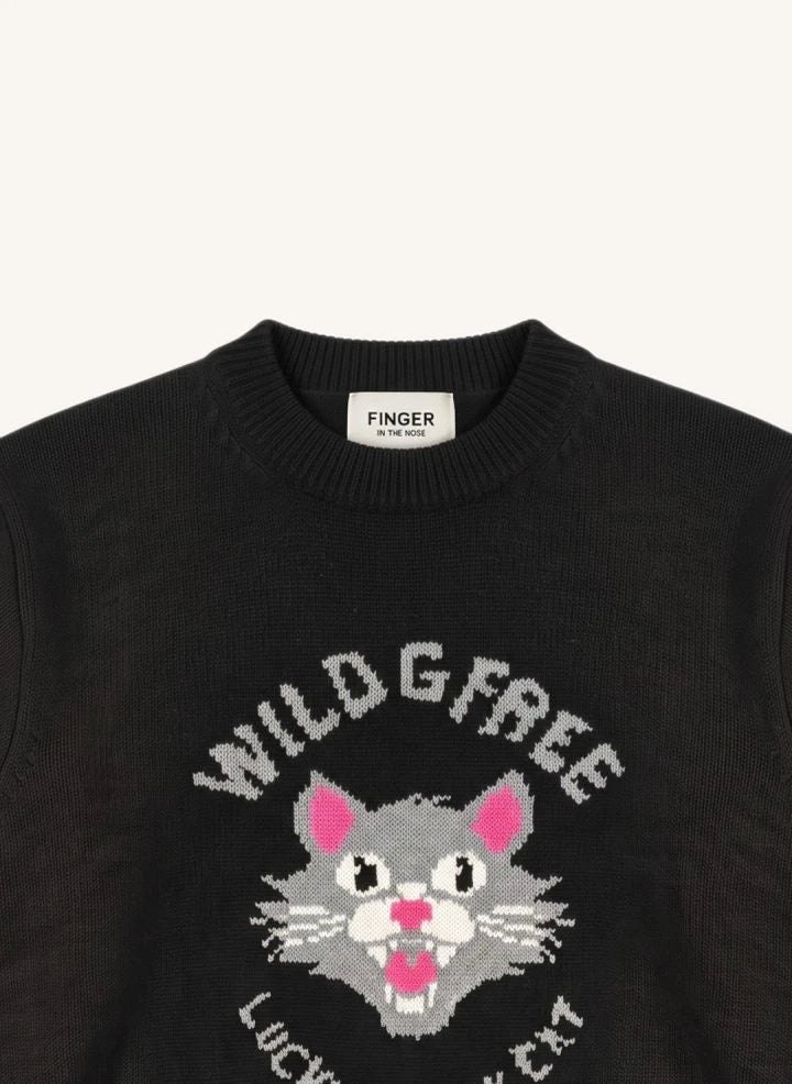 Finger in the nose - Sally Black Cat Merino Wool Sweater | Black