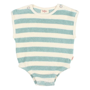 Búho - Striped Organic Cotton Towel Romper | Green Water
