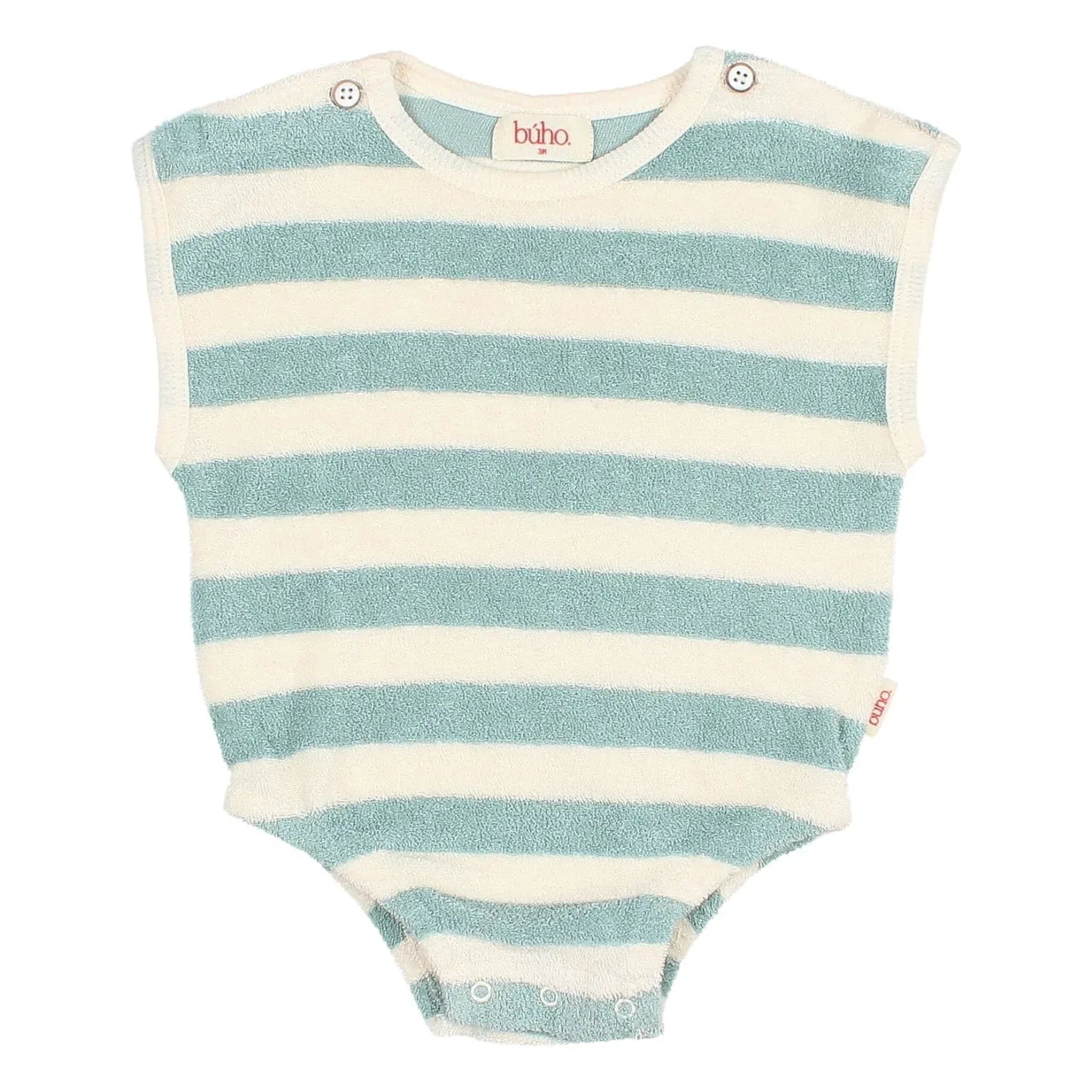 Búho - Striped Organic Cotton Towel Romper | Green Water