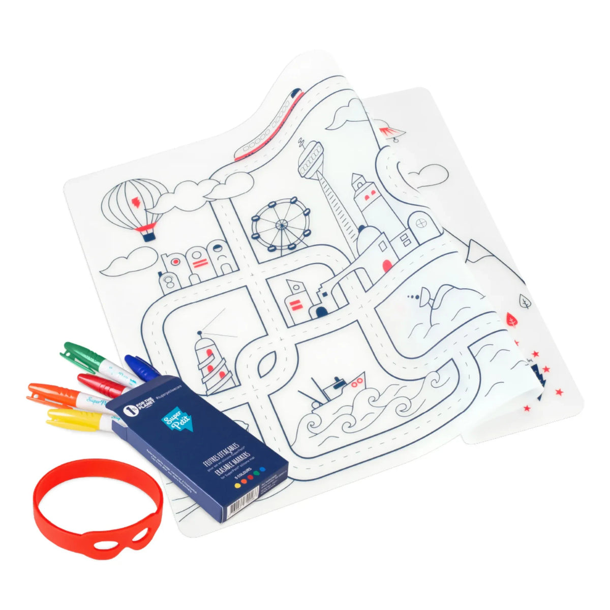 Superpetit - 5-Pen and City Adventure Wristband with Table Coloring Set