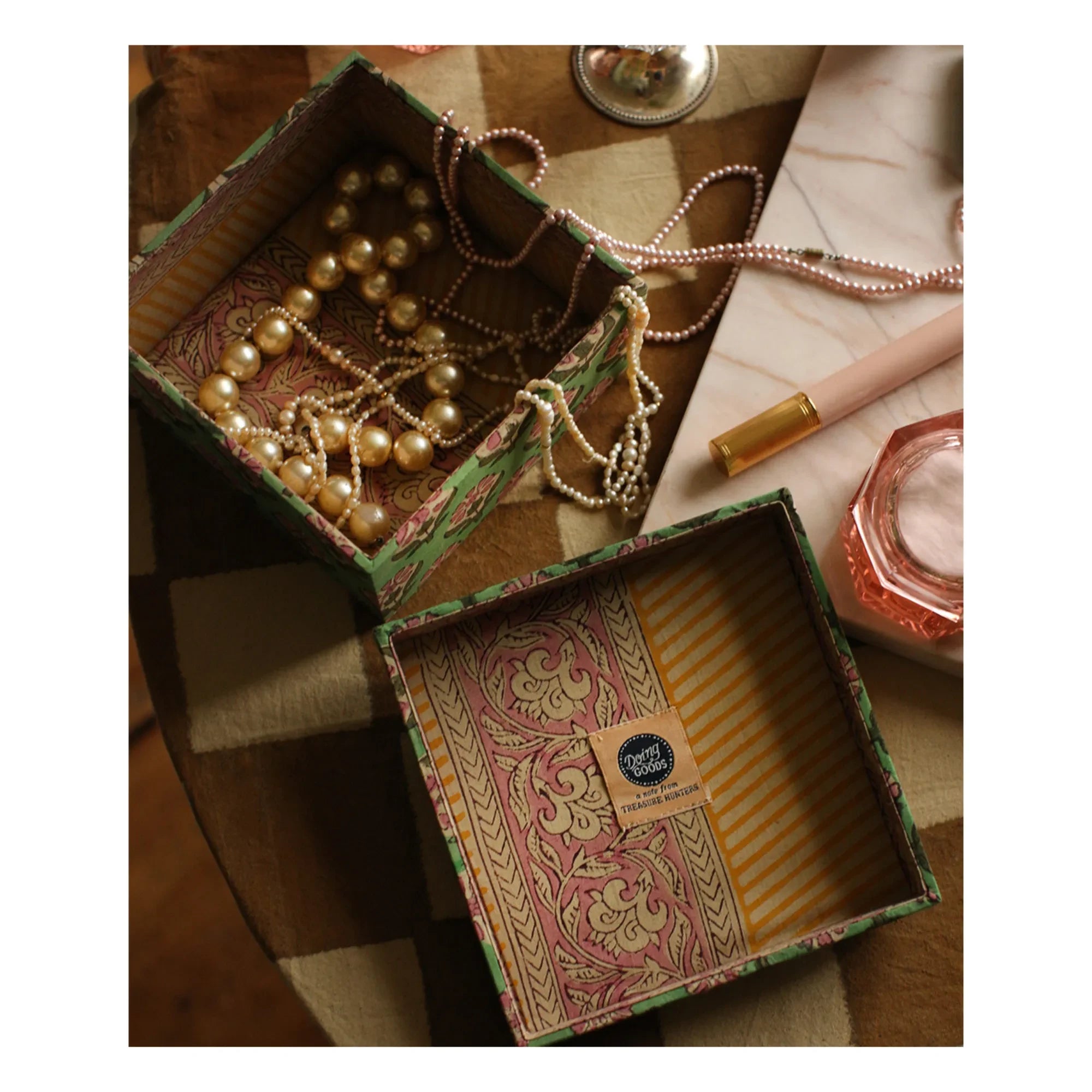 Doing Goods - Emma Wood and Cotton Square Boxes - Set of 2 | Green