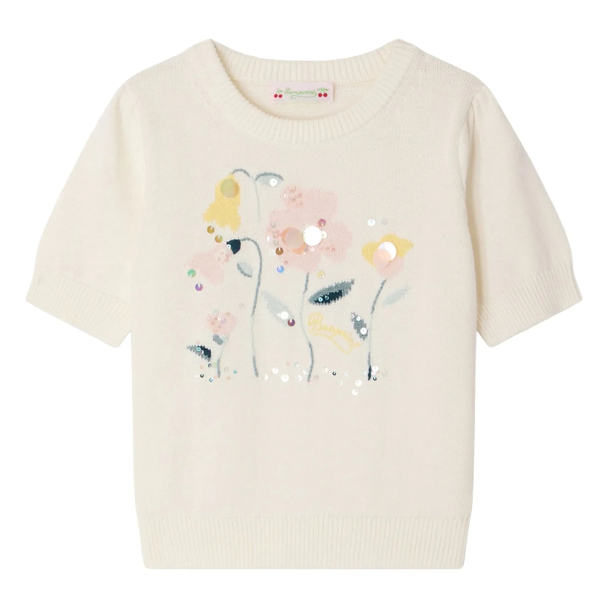Bonpoint - Elvira Fine Knit T-Shirt Organic Cotton Flowers | Ecru