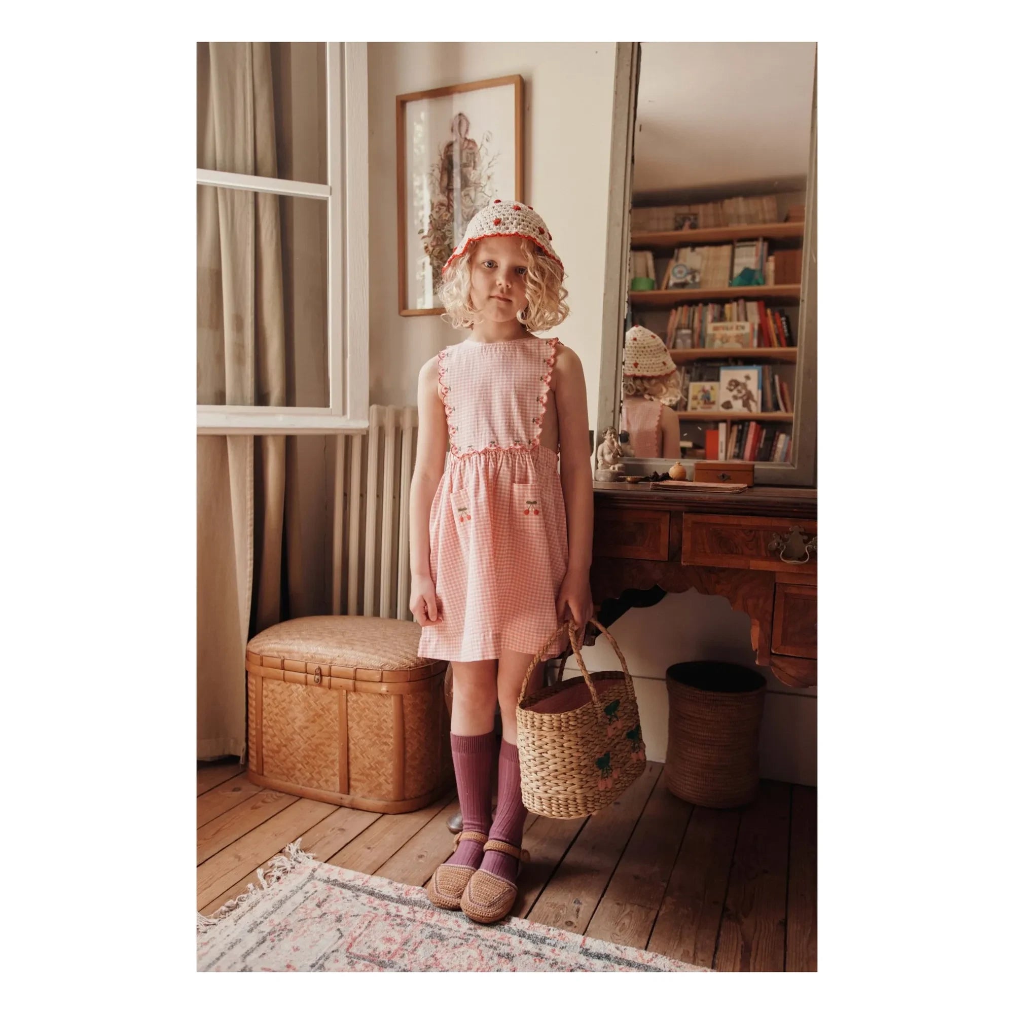 Emile et Ida - Organic Cotton Checkered Bib Dress | Pink
