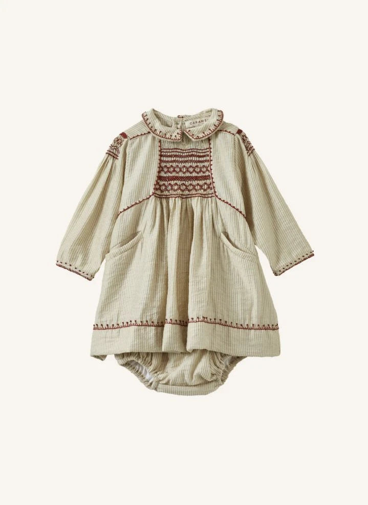 Caramel - Mathilde Striped Baby Dress | Dusty Brown