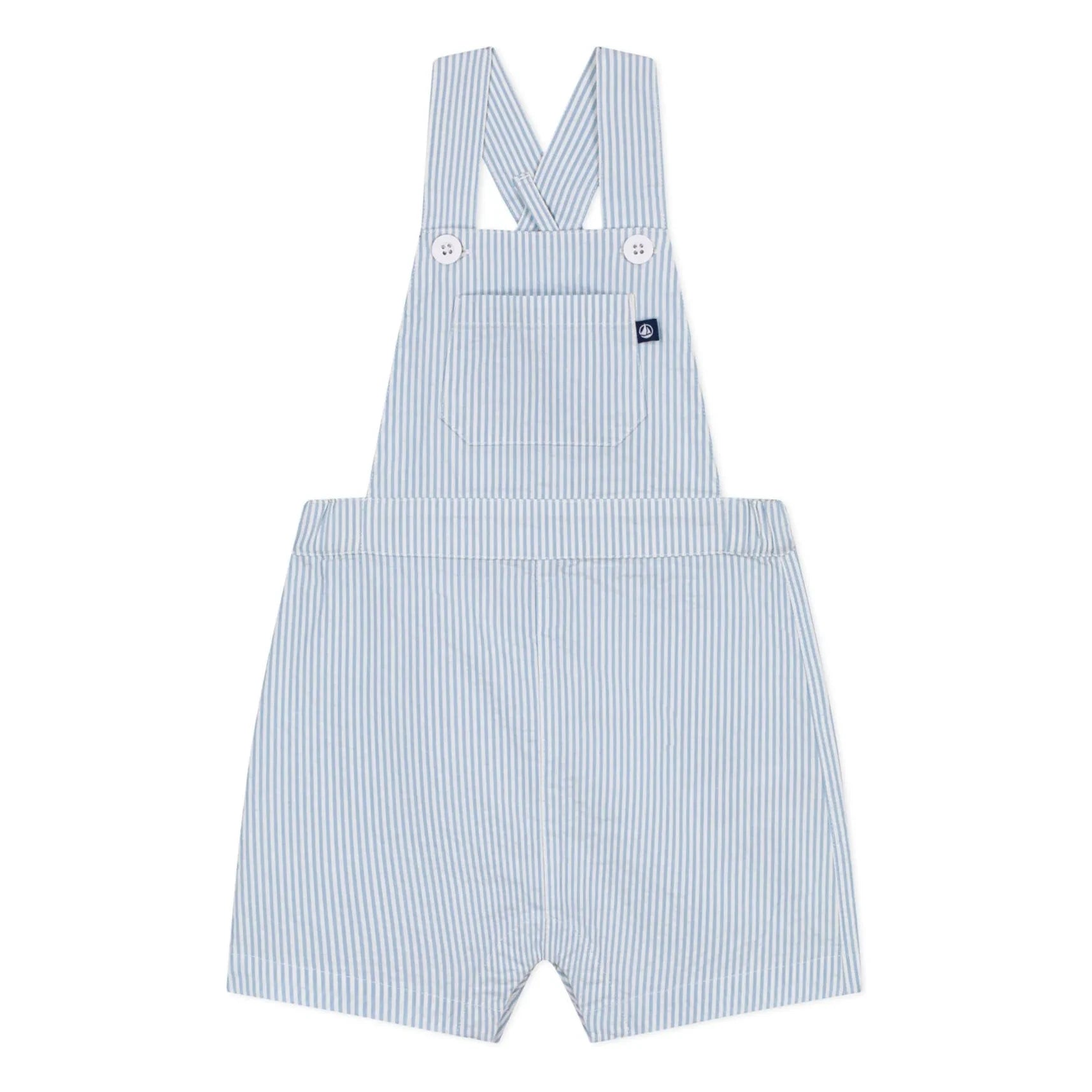 Petit Bateau - Çizgili Seersucker Organik Pamuklu Kısa Salopet | Açık Mavi