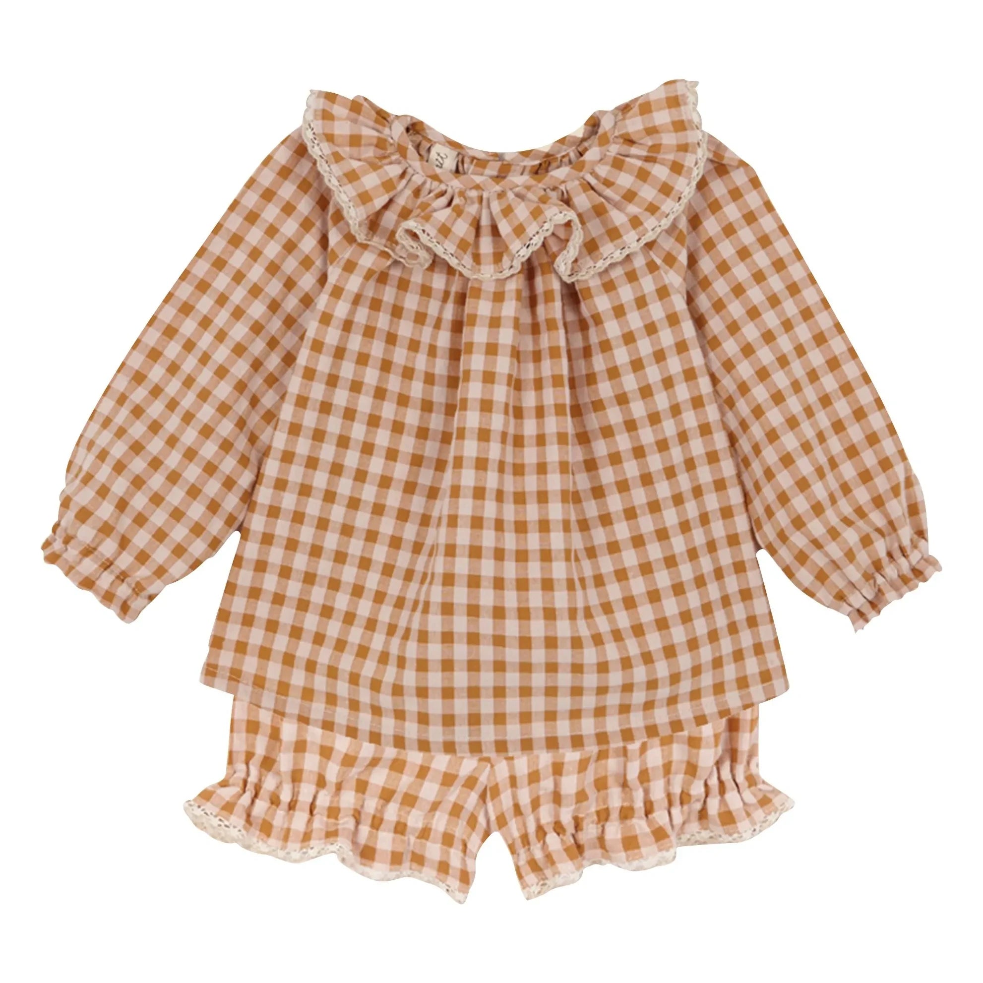 birinit - Organic cotton Vichy blouse and bloomer set | Caramel
